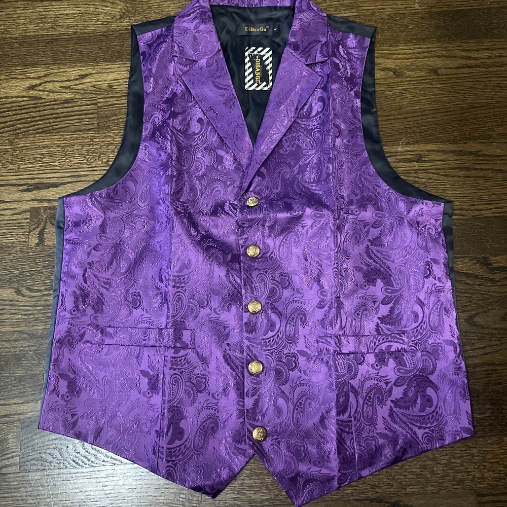 DiBanGu Men's Purple Paisley Formal Vest Regular Size L with Matching Tie